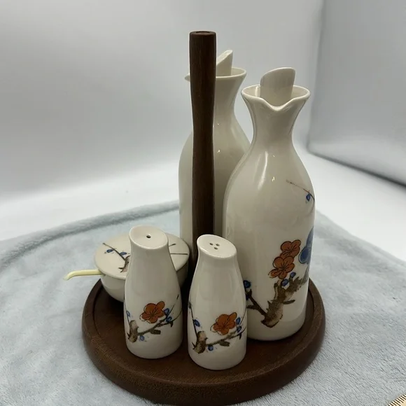 Vintage Cruet 6-Piece Set-Porcelain/Ceramic/Wood with Table Caddy - Picture 7 of 12